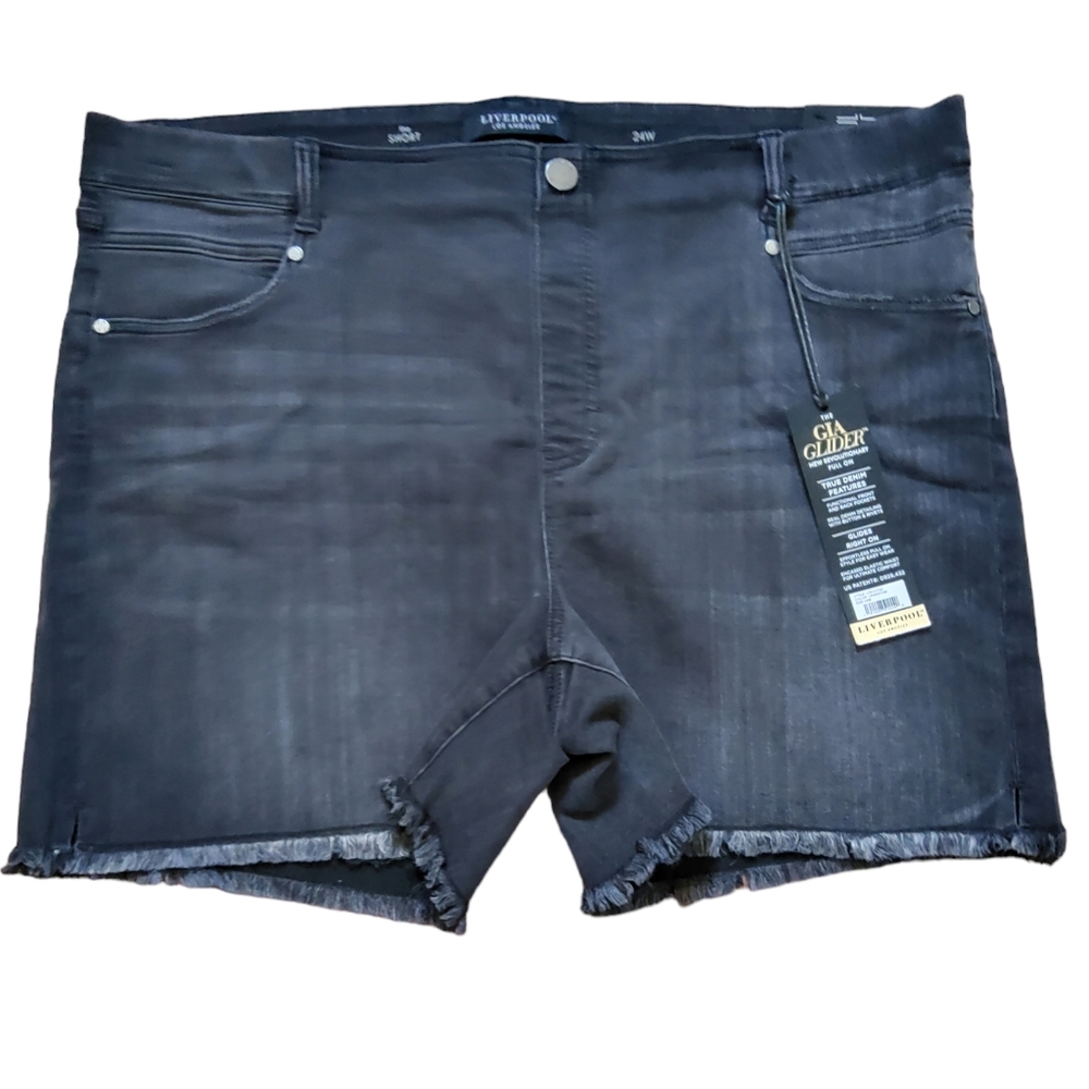 Liverpool The Gia Glider Pull On Fringe Denim Jean Shorts Size 24W Black New